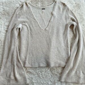 Free People Ribbed Bell Sleeve V-Neck Sweater Oatmeal Cream Boho Minimalist S